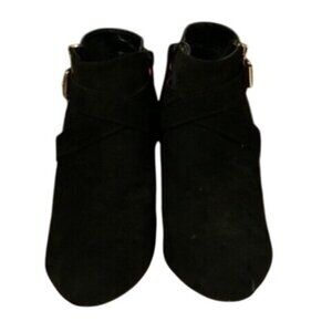 Massimo Black Faux Suede Ankle Booties Wedge Heel Gold Buckle Side Zip